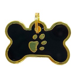 Placa de identificación negra con diseño de huella, ideal para perros